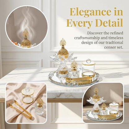 Generic Glass Incense Burner 5-Pieces Set Ramadan Decoration with Tray Storage Jar and Tongs Censer Arabian Incense Holder,Attractive Gold Incense Burner Set for Yoga SPA Desk Decor - style: Style D