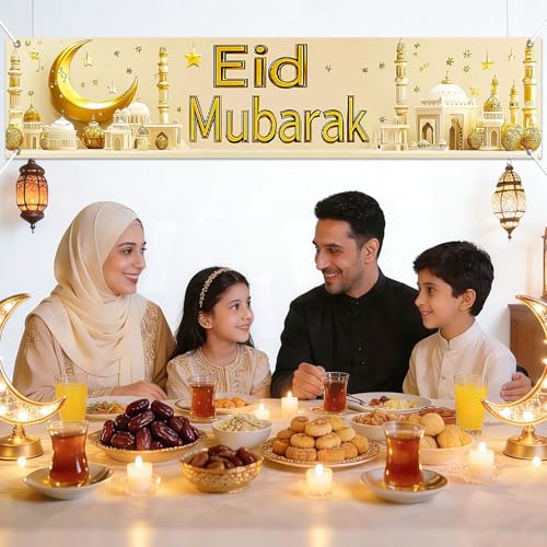 BlissYard Eid Mubarak Large Banner Backdrop 79x18Inch Festive Celebration Display for Eid Al-Fitr Al-Adha Islamic Holiday Wall Banner for Photo Background Ramadan Indoor Outdoor Event Decor
