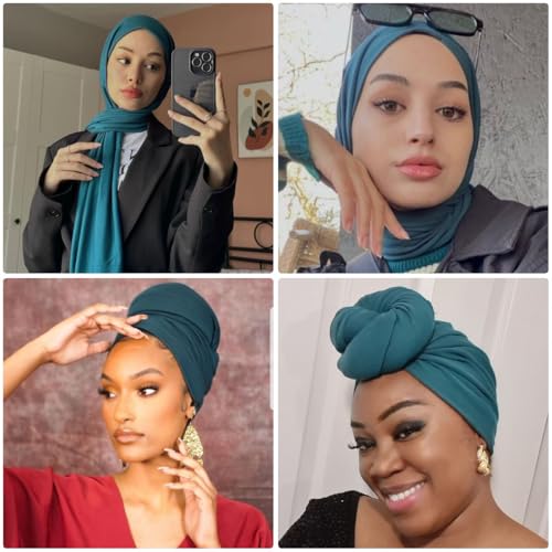 Harewom Muslim Hijab for Women Soft Stretch Headscarf Large Plain Turban Wrap Shawl Head Wrap for Everyday Wear - color: Malachite Green Hijab Headscarf