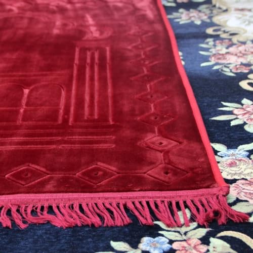 Thick Flannel Muslim Prayer Rug Embossed Turkish Prayer Carpet Islam Prayer Mat Rosary Beads for Men Women Islamic Janamaz Great Ramadan Eid Gift Elegant Sajadah with Tassel Salat Rug 80x120cm - color: Red