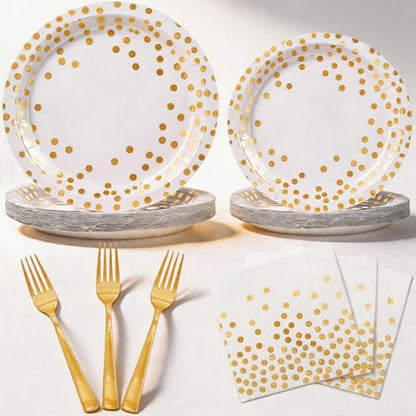 100 PCS Gold Paper Plates 9 Inch & 7 Inch,Napkins Disposable - color: White Gold
