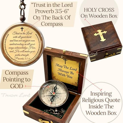 Trust Lord Compass – Religious Brass Compass Gift with Bible Proverb Engraved – Christian Inspirational Gift for Men, Faith-Based Graduation, Birthday, Gift for Son, Holy Gift - style: Trust Lord - Antique Locket