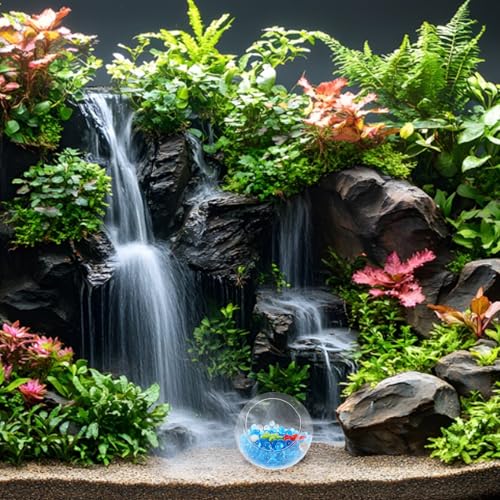 Fish Tank Ornament Aquarium Glass Shrimp Hideout Cave with Frosted Blue Glass Pebbles 50g and Red Decorations for Aquarium Landscaping and Shrimp Shelter