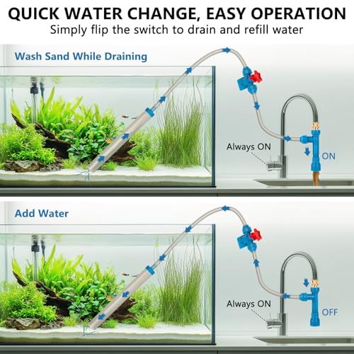 fishkeeper 50FT Aquarium Gravel Vacuum Water Changer - Flow Adjustable Faucet Universal Siphon Quick Pump with 6 Adapters, Bucket-Free Fish Tank Cleaning Tools for Drain & Fill (2025 NEW)