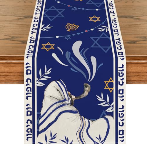 Artoid Mode Shofar Leaves Yom Kippur Table Runner, Hexagram Kitchen Dining Table Decoration for Outdoor Home Party 13x72 Inch - size: 13" x 72", Table Runner