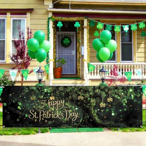 Happy St. Patrick’s Day Fence Banner 118 x 35 Inch, Large Waterproof Outdoor Irish Clover Tree Banner with Gold Script for Yard Porch Fence Party Decorations - color: 228-1
