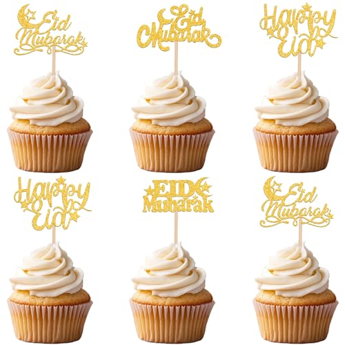 24 PCS Eid Mubarak Cupcake Toppers Gold Glitter Moon Star Ramadan Kareem Cupcake Picks Happy Eid Mubarak Cake Decorations for Ramadan Theme Islamic Muslim Party Cake Decorations Supplies - color: Style 8 Gold
