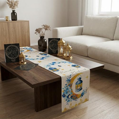 cnomg Eid Mubarak Table Runner Table Decorations 2 Pack Blue and Gold Holiday Kitchen Dining Table Runners with Moon Star and Lantern Flower for Home Party Decor 13 x 72 Inch