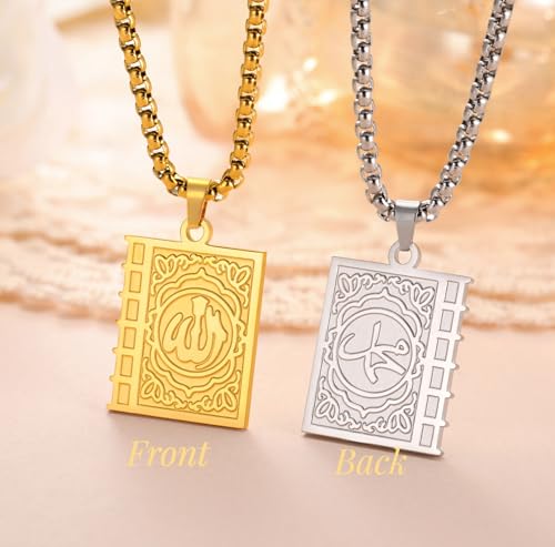 Islamic Necklace Double Sided Quran Book Muhammad Prophet Allah Pendant Arabic Calligraphy Ayatul Kursi Muslim Religious Jewelry Islam Eid Ramadan Gift for Men Women - color: silver