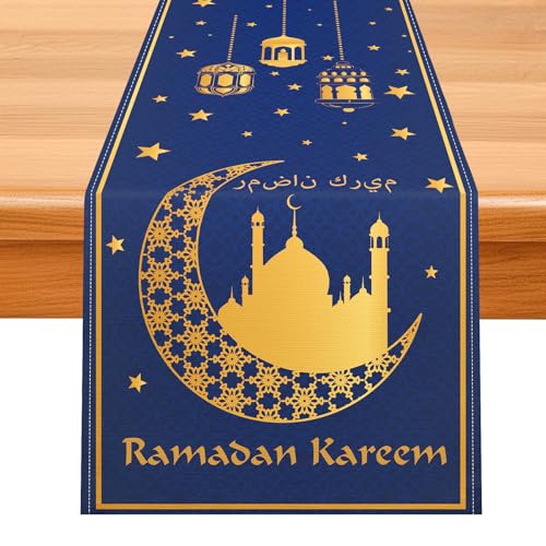 Eid Mubarak Table Runner, Eid Mubarak Decorations, Ramadan Kareem Table Runner, Blue and Golden Moon Star Ramadan Holiday Table Decorations for Ramadan Home Kitchen Dining Party Supplies, 13" X 72" - size: 13" x 72"
