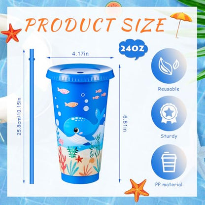 Chuangdi 12 Pcs Under The Sea Party Cups 24 oz Reusable Plastic Tumblers with Lids and Straws Themed Drinking Cups for Birthday Decorations Ocean Sea Party Favors Supplies Gifts - style: Sea