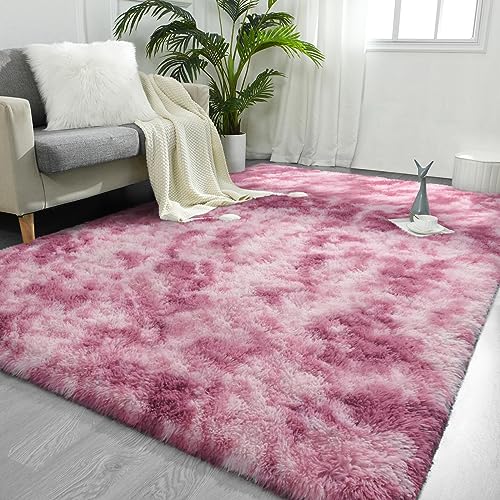 FlyDOIT Large Area Rugs for Living Room, 4x6 Feet Tie-Dyed Blush Shaggy Rug Fluffy Throw Carpets, Ultra Soft Plush Modern Indoor Fuzzy Rugs for Bedroom Girls Kids Nursery Room Dorm Home Decor - color: Blush, size: 4' x 6' (Rectangular)