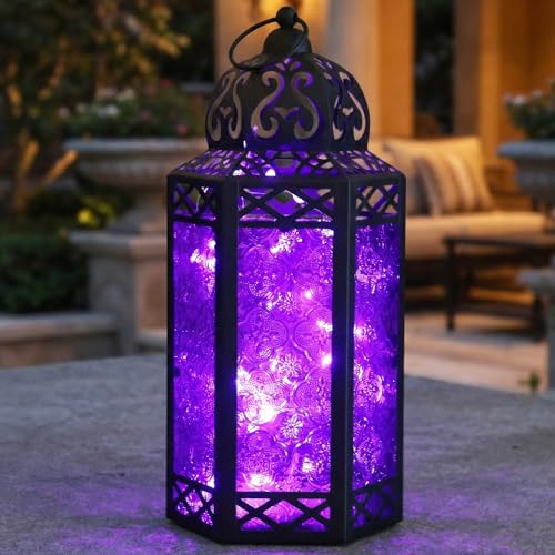 Vela Lanterns Decorative Indoor Lantern with LED Fairy Lights, Purple, L | Gothic Witchy Whimsigoth Decor, Fantasy Flameless Moroccan Metal Hanging Candle Lamp, Halloween Lantern, 12" Tall - color: Black/Purple, size: Large