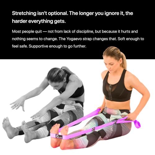 YogaEVO Stretching Strap with Loops for Physical Therapy — Yoga Strap & Resistance Band in One — Flexibility & Back Recovery — HD Video Routines Included - color: Purple