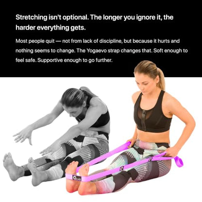 YogaEVO Stretching Strap with Loops for Physical Therapy — Yoga Strap & Resistance Band in One — Flexibility & Back Recovery — HD Video Routines Included - color: Purple