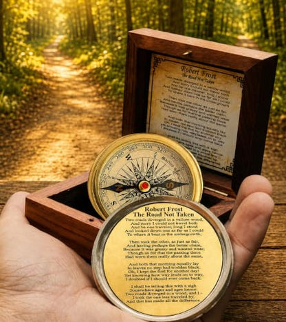 Antiqued Brass Robert Frost Poem Compass with Wooden Box, Inspirational Gifts for Woman, Aniversity Gifts for Men,Engraved,Wedding for Boys, Pocket Compass for Hiking Survival