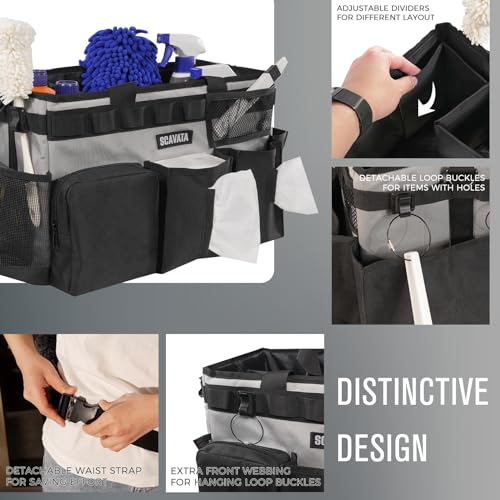 SCAVATA Wearable Cleaning Caddy Bag, Cleaning Caddy Supplies Organizer with Handle & Shoulder Straps for Housekeepers, Under Sink & Car Cleaning Tool Organizers with 4 Foldable Divider (Grey) - color: Grey