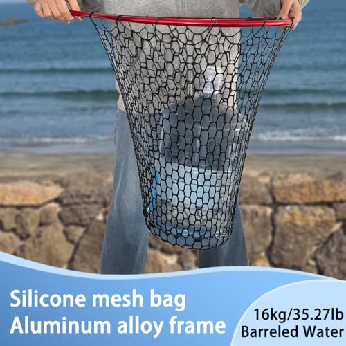 All Metal Telescoping Rubber Fishing Net with Handle Length: 59" Depth:19.7" Hoop: 26"x18" Large Silicone Fish Landing Net Pier/Kayak/Fishpond/Saltwater/Salmon Extendable Fishing Gear - color: Red plus