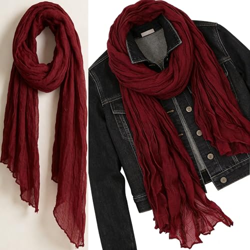 Women Crinkle Spring Scarf Shawls Summer Long Scarves Lightweight Hijab Wraps Soft Linen Cotton for Beach Travel - color: Wine Red