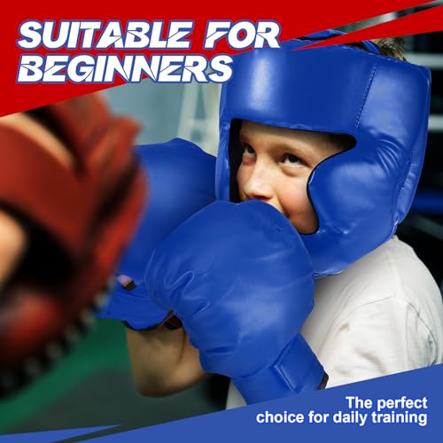 Kanayu 12 Pcs Kids Boxing Equipment Set for Beginners Ages 6-18 Years Including Boxing Helmet and Gloves Hand Wraps Sport Mouthguards Taekwondo Sparring Gear for Kids and Children - color: Blue, Red