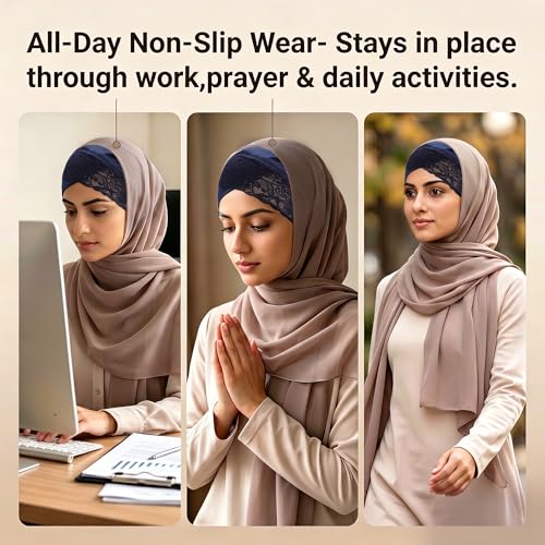 ZLYC Hijab Cap for Muslim Women Soft Stretchy Open-Back Underscarf Hat Breathable Inner Hijab Undercap - color: Lace Navy