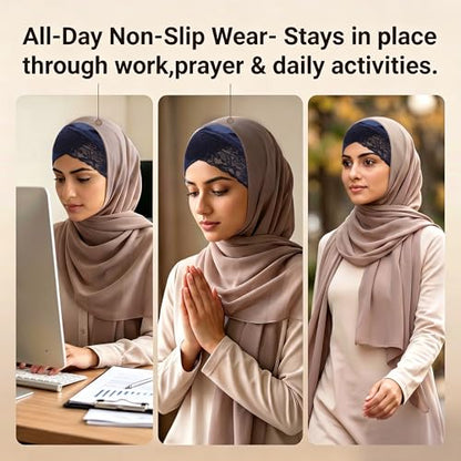 ZLYC Hijab Cap for Muslim Women Soft Stretchy Open-Back Underscarf Hat Breathable Inner Hijab Undercap - color: Lace Navy