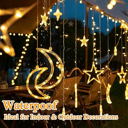 Star Moon Curtain Lights 11.5ft Remote Control LED Fairy Light Strings, 8 Flashing Modes Waterproof Decorative Lights for Garden, Christmas, Wedding, Party, Bedroom Decorations(Warm White)