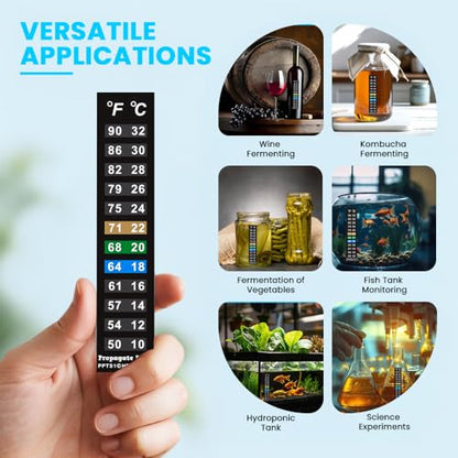 Stick On Thermometer Strip for Fish Tank, Aquarium Thermometer, Kombucha, Beer & Wine Fermentation - Vertical Temperature Strips w/Color-Changing Display, 50–90°F (10–32°C) (5-Pack)