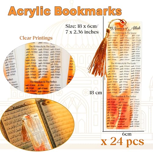 24 pcs Acrylic 99 Names of Allah Bookmark Arabic English Bilingual Islamic Bookmarks Ramadan Eid Gifts Bulk for Women Quran Learning Reflecting on The Names of Allah - style: Acrylic-24