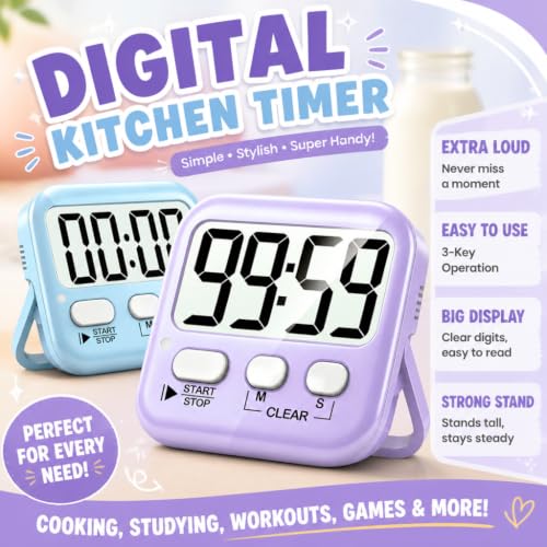 2 Pack Digital Timer for Kids Classroom Kitchen Timers for Cooking | w/ Battery, Easy to View, Alarm, Mute Mode, Count Down/Up, Magnetic, Kickstand, Hanging, Classroom Timer for Teacher Supplies - color: 2 * Sky Blue + Lavender Purple