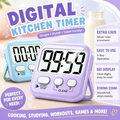 2 Pack Digital Timer for Kids Classroom Kitchen Timers for Cooking | w/ Battery, Easy to View, Alarm, Mute Mode, Count Down/Up, Magnetic, Kickstand, Hanging, Classroom Timer for Teacher Supplies - color: 2 * Sky Blue + Lavender Purple