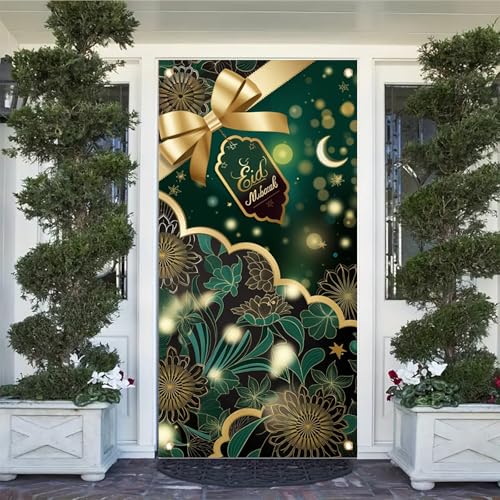Eid Mubarak Door Cover Banner 71x35 Inch Green and Gold Floral Crescent Design Islamic Festive Decoration for Ramadan Eid Celebration Home Porch Wall Indoor Outdoor - color: Style 4