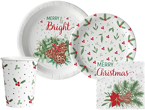 Traditional Christmas Tableware Pack: Disposable Paper Plates, Napkins and Cups Set for 20 - color: Traditional Christmas