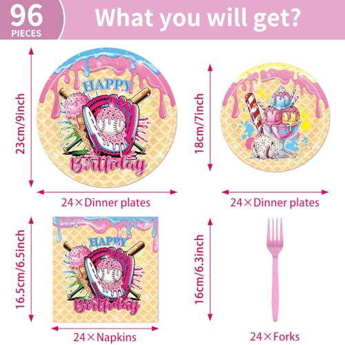 EUOYUFO 96피스 아이스크림 파티 장식 식기 세트 아이스크림 야구 드립 생일 축하 종이 접시 냅킨 포크 야구 스포츠 팀 테마 생일 파티 용품 24인용 - color: 야구 드립 생일