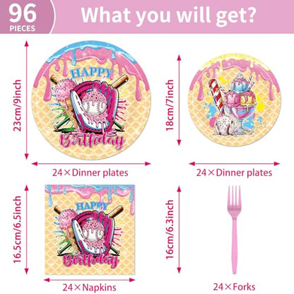 EUOYUFO 96피스 아이스크림 파티 장식 식기 세트 아이스크림 야구 드립 생일 축하 종이 접시 냅킨 포크 야구 스포츠 팀 테마 생일 파티 용품 24인용 - color: 야구 드립 생일