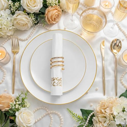 MirthMood 210Pcs Disposable Plastic Plates Set, Gold and White Plastic Party Plates, Includes:30 Dinner Plates, 30 Dessert Dinnerware, 30 Cups, 30 Napkin Cutlery for Spring Wedding,Birthday Party - color: White, size: 210