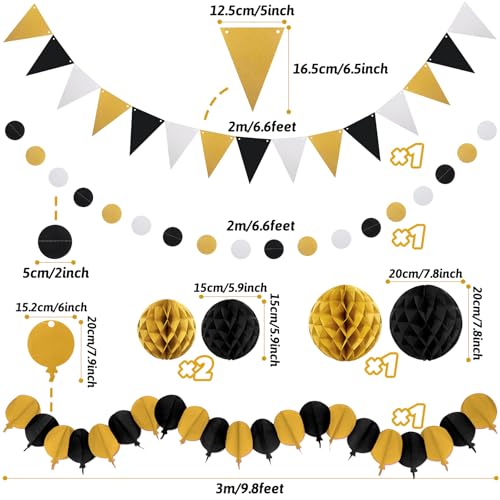 Black Gold Party Decorations, New Years Eve Party Supplies Easy Assembly Paper Fan Honeycomb Ball Garland Hanging Swirl for Graduation Congrats Grad Birthday Happy New Year Party