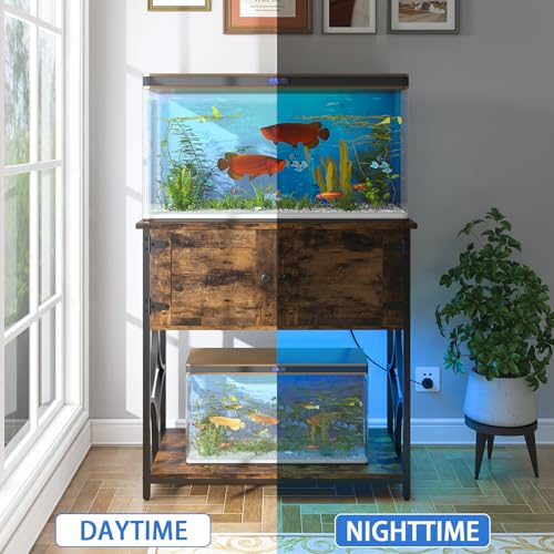 20-29 Gallon Fish Tank Stand with Power Outlets & LED Light | 330LBS Capacity, 30.7" L*15.7" W Tabletop, Cable Management, 20 Gallon Aquarium Stand with Storage for Turtle Tank, Brown - color: Brown