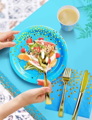 Nkaiso 141Pcs Blue Gold Paper Plates and Napkins Party Supplies-20 Guests - color: Sky Blue Gold