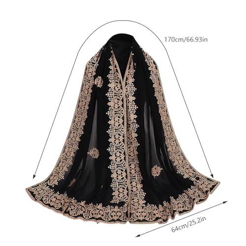 OhMill Black Hijab Scarf Soft Floral Embroidered Chiffon Headscarf Lightweight Lace Scarves Long Shawl Wrap for Women Wedding - color: Leave