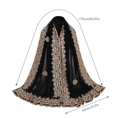 OhMill Black Hijab Scarf Soft Floral Embroidered Chiffon Headscarf Lightweight Lace Scarves Long Shawl Wrap for Women Wedding - color: Leave