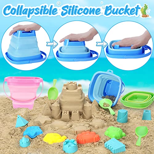 RACPNEL Collapsible Beach Toys for Kids, 3 Pack Foldable Sand Buckets and Shovels Set with Mesh Bag, Silicone Pails for Beach Travel Essentials, Easter Egg Hunt, Sand Toys Molds for Kids and Toddlers