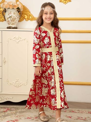 Girls Muslim Abaya Ramadan Prayer Dress V Neck Floral Middle East Arabic Kaftan - size: 4