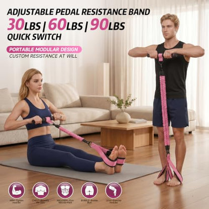 Pedal Resistance Band with Handle, 90LBS Adjustable Exercise Band | Full-Body Resistance Exercise,Adjustable 30/60/90LB,Portable Equipment,Multiple Colors