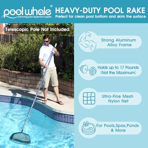 17.5" Aluminum Frame Pool Skimmer Rake Net, Deep Nylon Bag (No Pole) | Fine Mesh Scoop Net, Inclined Front Lip, Aluminum Handle, Swimming Pool Leaf Nets for Cleaning Ponds & Fountains Leaves - size: Aluminum Frame Nylon Rake