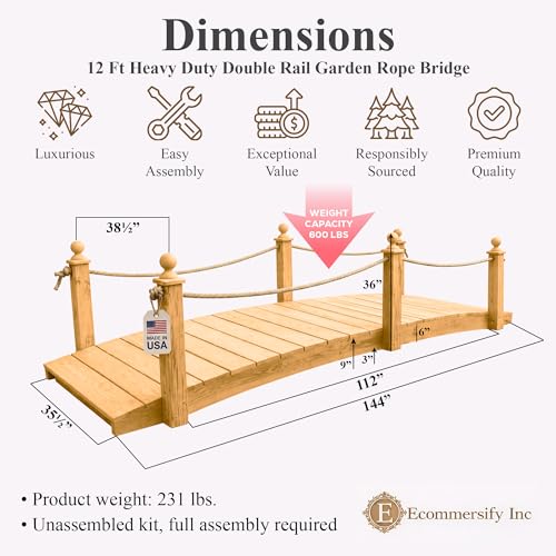 12 FT Oak Amish Rope Rail Garden Bridge, Pinewood - size: 12 FT Bridge & Rope