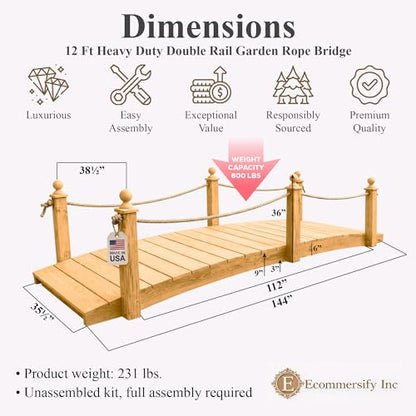 12 FT Oak Amish Rope Rail Garden Bridge, Pinewood - size: 12 FT Bridge & Rope