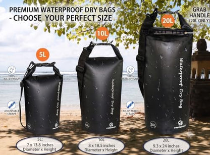 Freegrace Waterproof Dry Bag Set of 3 - Submersible Dry Sack with Double Zip Lock Seals - Includes Waist Pouch & Phone Case - Perfect for Kayaking, Swimming, Boating & Rafting (Black, 20L) - color: Black, size: 20L, style: Without Window