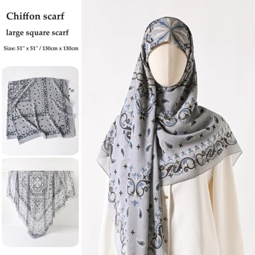 K-Elewon Large Square Scarf 51" Headscarf Chiffon Fashion Scarves Turbans Hair Wrapping Scarfs - color: C-grey