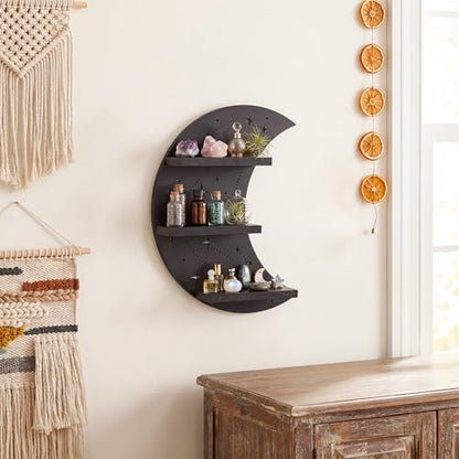 Crescent Moon Shelf with LED Light, Trinket Shelf & Whimsical Celestial Room Decor, Celestial Decor Crystal Holder Witchy Wall Decor for Living Room, Bedroom